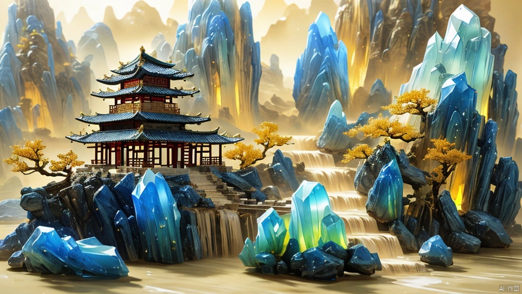  Miniature landscape, Chinese Tang Dynasty landscape painting, Zen aesthetics, Zen composition, Chinese architectural complex, transparent quartz crystal, X-ray crystallography, colored glaze, luminescence, Golden light, ice silk fiber, macro lens, rich light, luminous mountains, mountains,, depth of field, extreme detail, incomparable detail, film special effects, realistic, 3D rendering, fine detail