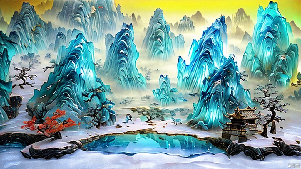 Miniature landscape, Chinese Tang Dynasty landscape painting, Zen aesthetics, Zen composition, Chinese architectural complex, transparent quartz crystal, X-ray crystallography, colored glaze, snow, luminescence, cyan light, ice silk fiber, macro lens, rich light, luminous mountains, mountains, clouds and mist, depth of field, extreme detail, incomparable detail, film special effects, realistic, 3D rendering, fine detail, cloud