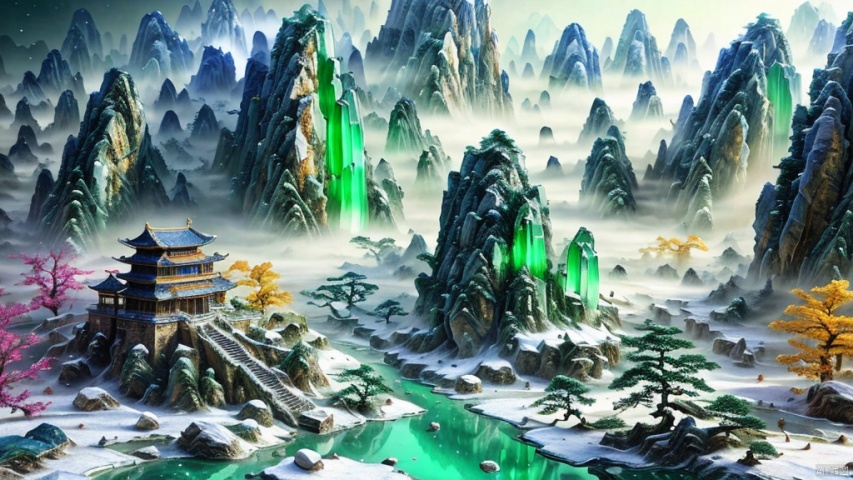  Miniature landscape, Chinese Tang Dynasty landscape painting, Zen aesthetics, Zen composition, Chinese architectural complex, transparent quartz crystal, X-ray crystallography, colored glaze, snow, luminescence, Green  light, ice silk fiber, macro lens, rich light, luminous mountains, mountains, clouds and mist, depth of field, extreme detail, incomparable detail, film special effects, realistic, 3D rendering, fine detail