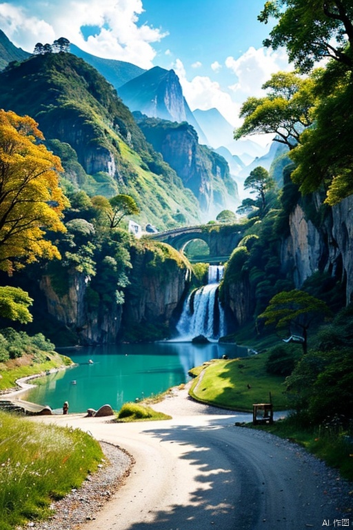 山水,高耸雪山,碧蓝湖,(森林),花卉,树,草,竹子,春天,日照充足,阳光强烈,明暗对比,悬崖,画面中的,8K的的,高质量