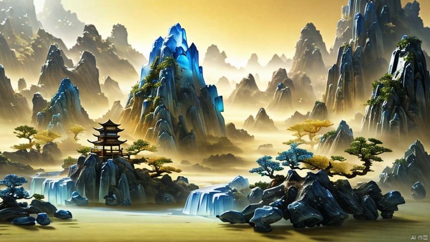  Miniature landscape, Chinese Tang Dynasty landscape painting, Zen aesthetics, Zen composition, Chinese architectural complex, transparent quartz crystal, X-ray crystallography, colored glaze, luminescence, golden glow, ice silk fiber, macro lens, rich light, luminous mountains, mountains, clouds and mist, depth of field, extreme detail, incomparable detail, film special effects, realistic, 3D rendering, fine detail