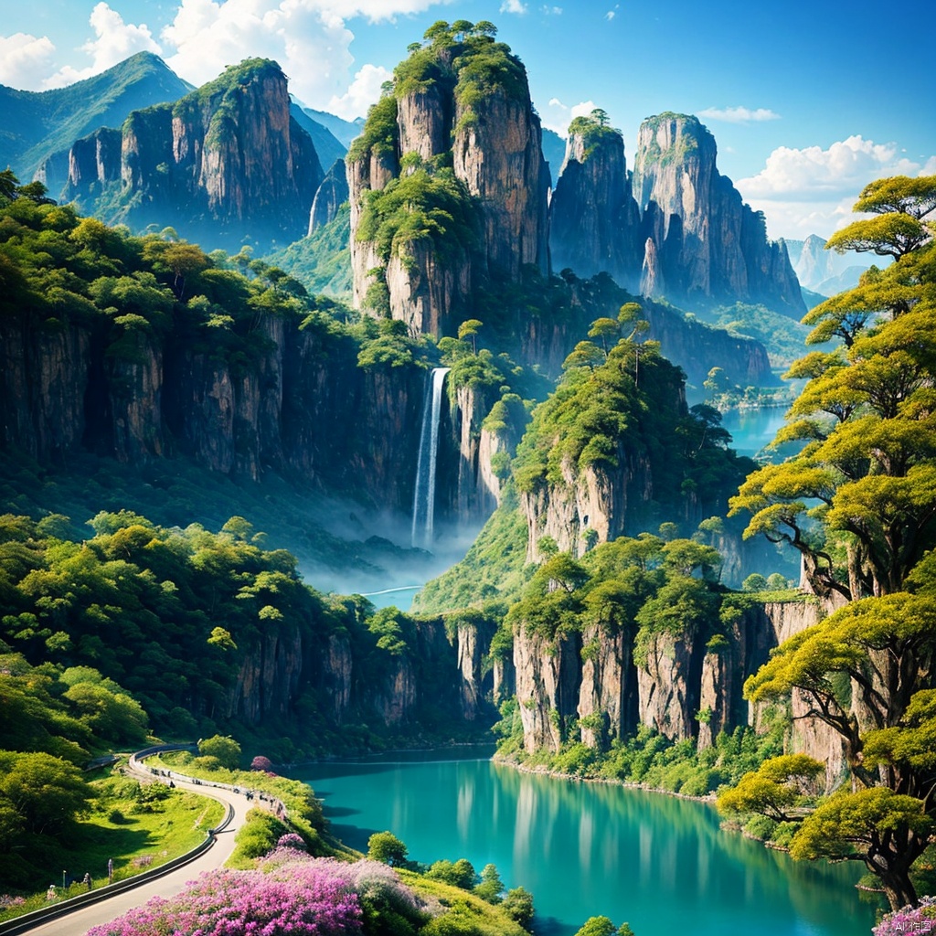 海景,沙滩,山水,碧蓝湖,(森林),花卉,树,草,竹子,春天,日照充足,阳光强烈,明暗对比,画面中的,8K的,高质量