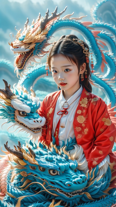  1girl, 5 years old, cute, photo, real, masterpiece, 32k, best quality, Chinese dragon,transparent