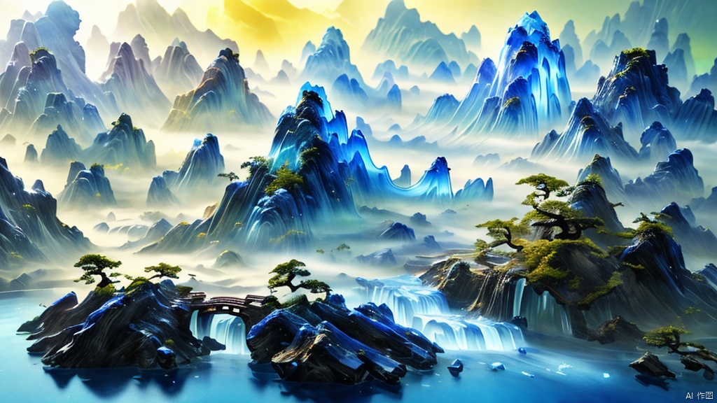  Miniature landscape, Chinese Tang Dynasty landscape painting, Zen aesthetics, Zen composition, Chinese architectural complex, transparent quartz crystal, X-ray crystallography, colored glaze,  luminescence, cyan light, ice silk fiber, macro lens, rich light, luminous mountains, mountains, clouds and mist, depth of field, extreme detail, incomparable detail, film special effects, realistic, 3D rendering, fine detail