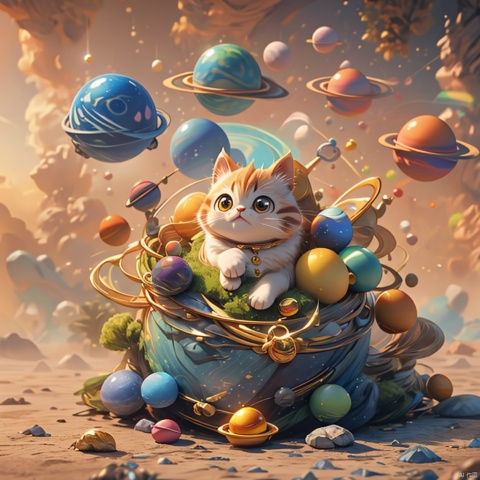  master piece, high quality, fat cute kitten , with a belly, fat,cute, wu,In space,
Planets made of gold and gemstone materials,, gold and gemstones,Sunrise,
Holy radiance,The solar system made of gold and gemstones, shine eyes01