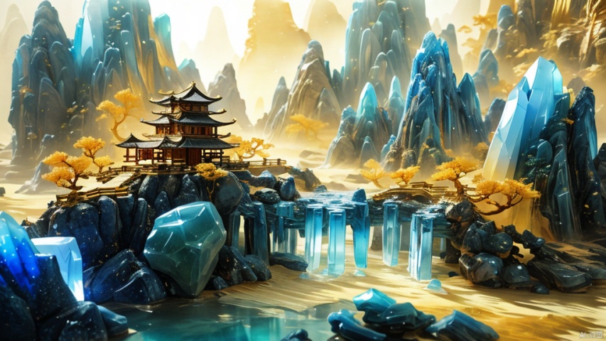 Miniature landscape, Chinese Tang Dynasty landscape painting, Zen aesthetics, Zen composition, Chinese architectural complex, transparent quartz crystal, X-ray crystallography, colored glaze, luminescence, Golden light, ice silk fiber, macro lens, rich light, luminous mountains, mountains,, depth of field, extreme detail, incomparable detail, film special effects, realistic, 3D rendering, fine detail