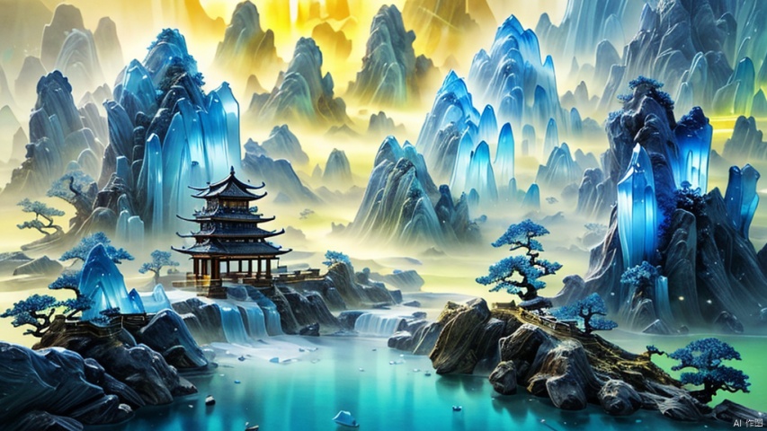  Miniature landscape, Chinese Tang Dynasty landscape painting, Zen aesthetics, Zen composition, Chinese architectural complex, transparent quartz crystal, X-ray crystallography, colored glaze,  luminescence, cyan light, ice silk fiber, macro lens, rich light, luminous mountains, mountains, clouds and mist, depth of field, extreme detail, incomparable detail, film special effects, realistic, 3D rendering, fine detail