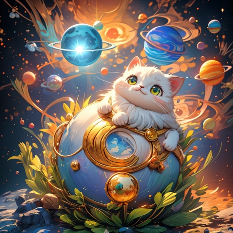  master piece, high quality, fat cute kitten , with a belly, fat,cute, wu,In space,
Planets made of gold and gemstone materials,, gold and gemstones,Sunrise,
Holy radiance,The solar system made of gold and gemstones, shine eyes01