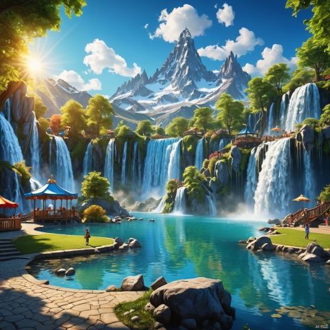 blue sky, Fantasy Park,
Mountain,
Waterfall,




,Lakes,

(wonderland:1
),
Adequate sunlight,reflection, true light and shadow, perfect lighting,
no humans,Realistic, 
Overlooking,
Representative,boutique, Masterpiece, Intricate, 
High Quality, Best Quality, 
Ultra HD,high res, 
Full Detail,

,Authenticity,
Take photos,

﻿