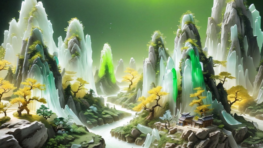  Micro landscape, Chinese Tang Dynasty landscape painting, Zen aesthetics, Zen composition, Chinese architectural complex, transparent quartz crystals, transparent mountains, glass luster, flowing luminous particles, macro lens, rich light, luminous mountains, steep mountains, minimalism, extreme details, unparalleled details, movie special effects, realism, 3D rendering, fine details,Countryside fields,Green fluorescent river,,,,

