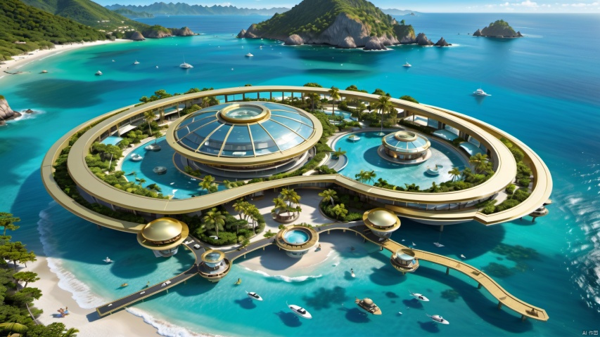  Aerial photography,
Photography,
Science fiction architecture complex,
(Made from gemstones and gold materials 0.0),
Real scenery,
8K,
Ultra detail,
(The sea and beaches 1.0),
(beach 9.9),
The sea,
The ocean waves,
Giant waves in the ocean,
Alien spacecraft,
A perfectly curved building,
Summer green plants, circuitboard, science fiction, Illustration, Beach, beauch