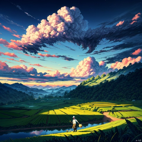  An old farmer carries a flat burden, Walk the winding roads of the countryside, Big clouds, blue sky, rice fields, There are neat rice seedlings in the field, forest, Hillside, Quiet, Rural area, HD Detail, Hyperdetail, Cinematic, Surrealism, Soft Light, Deep Field Focus Bokeh, Ray Tracing, and Surrealism,cloud,jianzhi