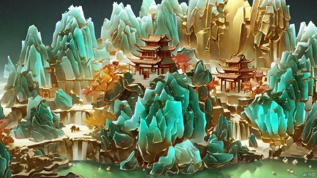  Miniature landscape, Chinese three-dimensional landscape painting, Zen aesthetics, Zen composition, Chinese architectural complex, red copper mine, ore crystallization, red mountains, flowing particles, macro lens, rich light, luminous mountains, mountains, clouds, minimalism, extreme details, incomparable details, film special effects, lifelike, 3D rendering, fine details