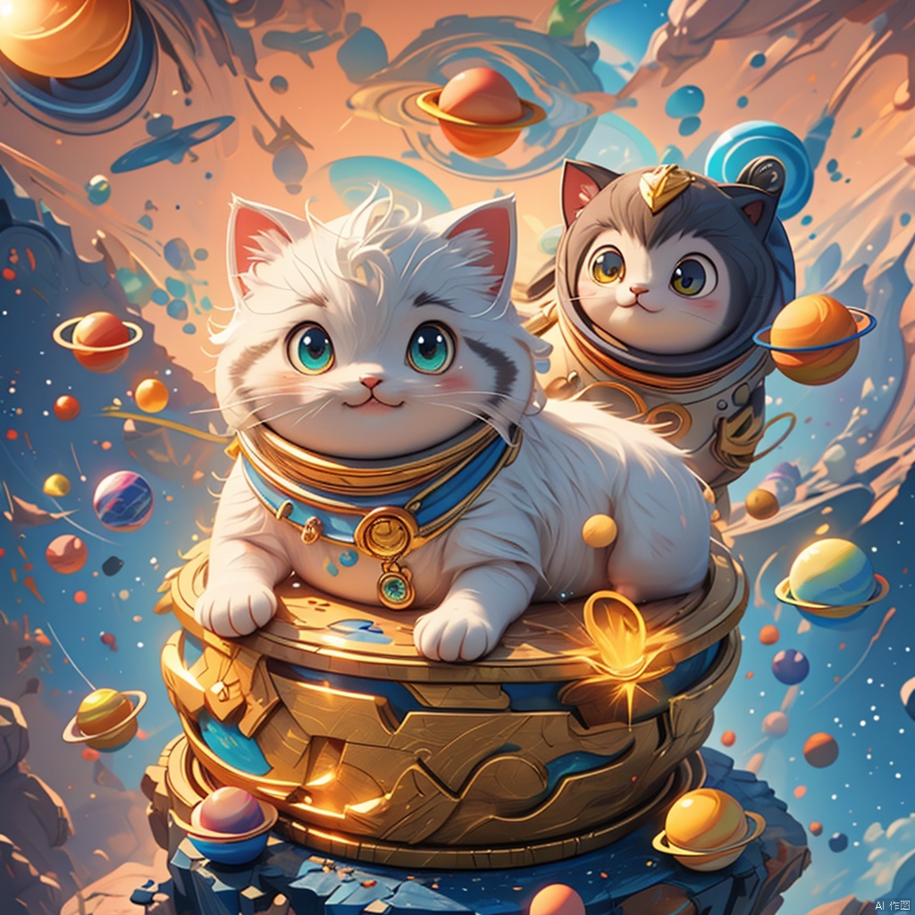  master piece, high quality, fat cute kitten , with a belly, fat,cute, wu,In space,
Planets made of gold and gemstone materials,, gold and gemstones,Sunrise,
Holy radiance,The solar system made of gold and gemstones, shine eyes01