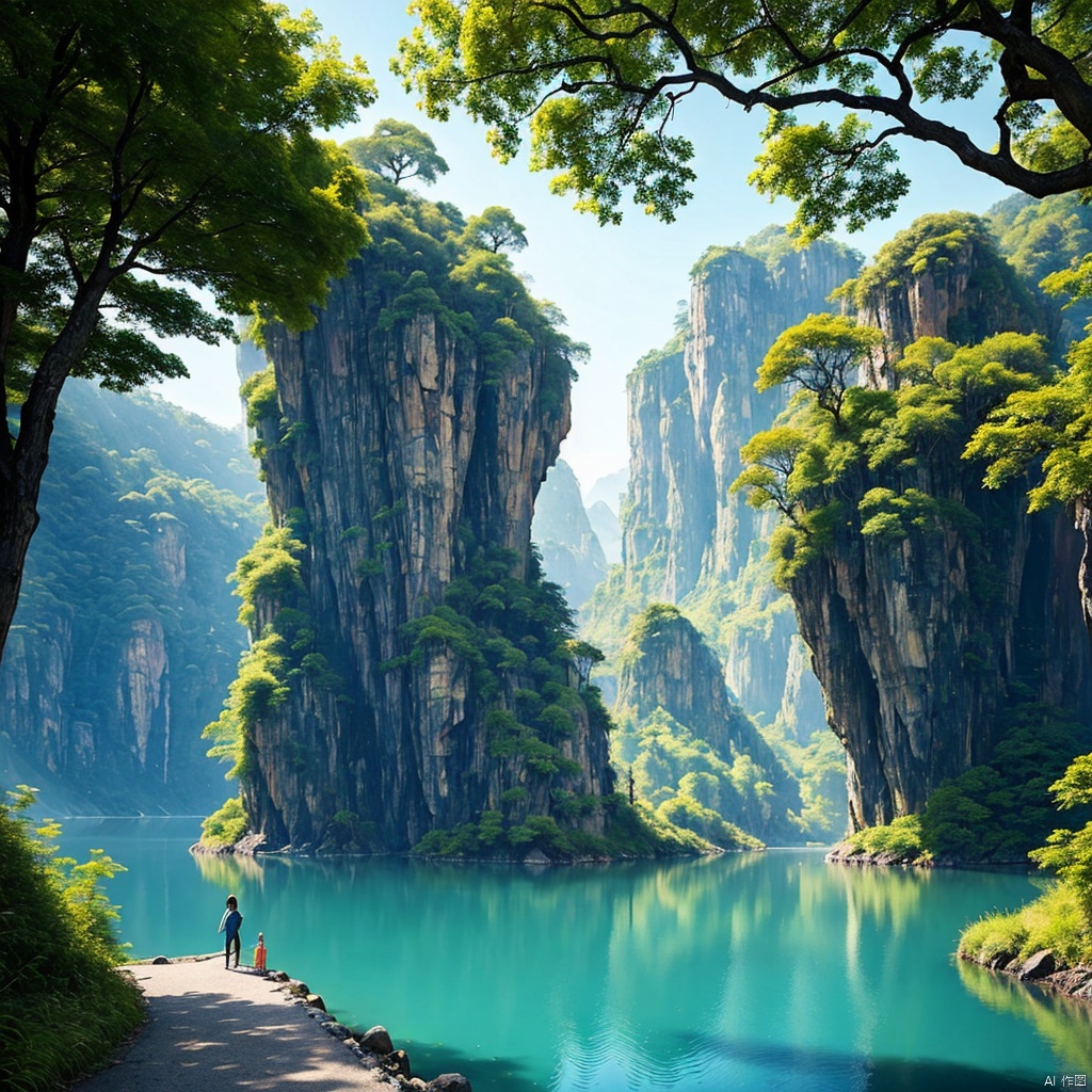海景,沙滩,山水,碧蓝湖,(森林),花卉,树,草,竹子,春天,日照充足,阳光强烈,明暗对比,悬崖,画面中的,8K的,高质量