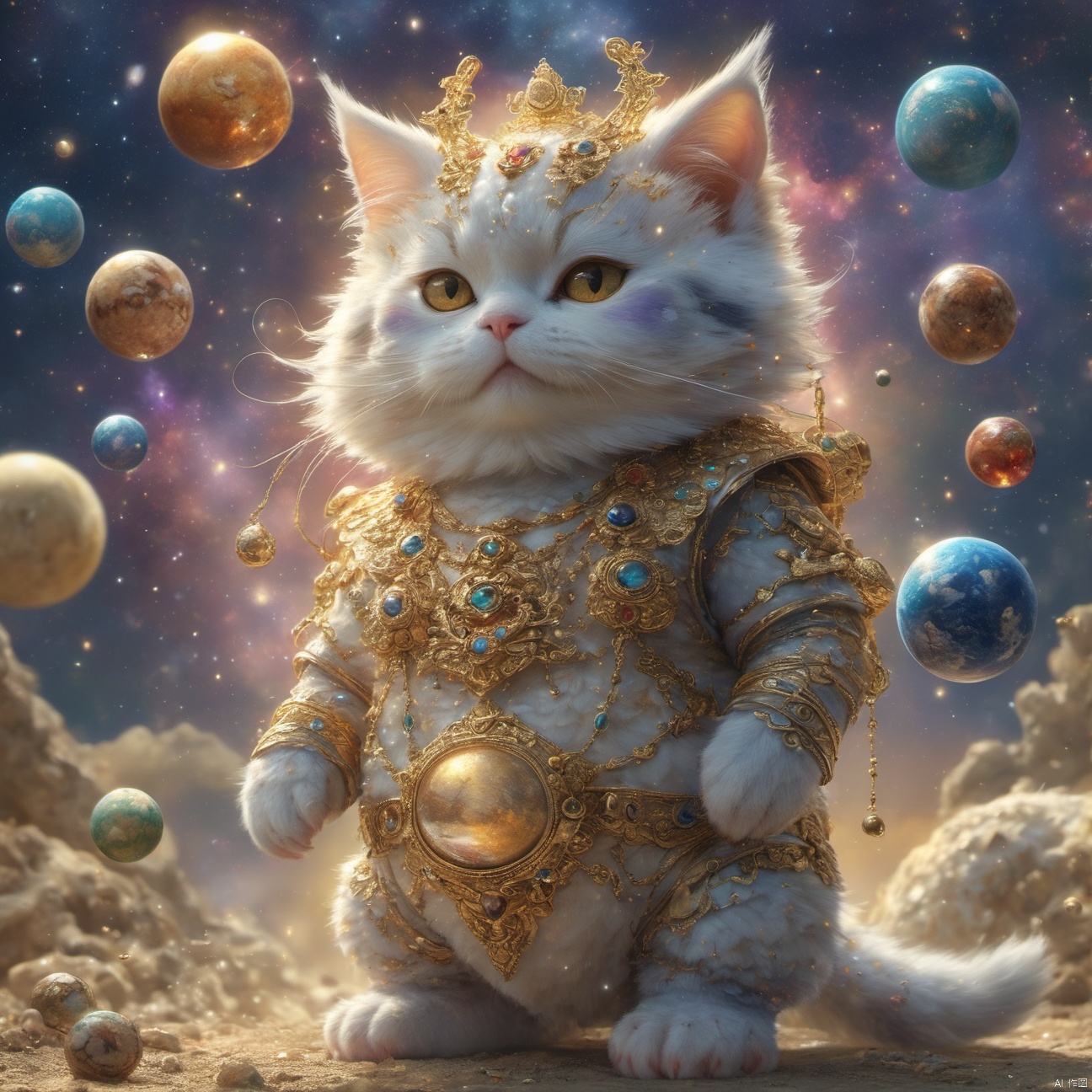  master piece, high quality, fat cute kitten , with a belly, fat,cute, wu,In space,
Planets made of gold and gemstone materials,, gold and gemstones,Sunrise,
Holy radiance,The solar system made of gold and gemstones, shine eyes01,A glowing planet,