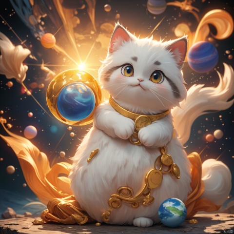  master piece, high quality, fat cute kitten , with a belly, fat,cute, wu,In space,
Planets made of gold and gemstone materials,, gold and gemstones,Sunrise,
Holy radiance,The solar system made of gold and gemstones, shine eyes01,A glowing planet,