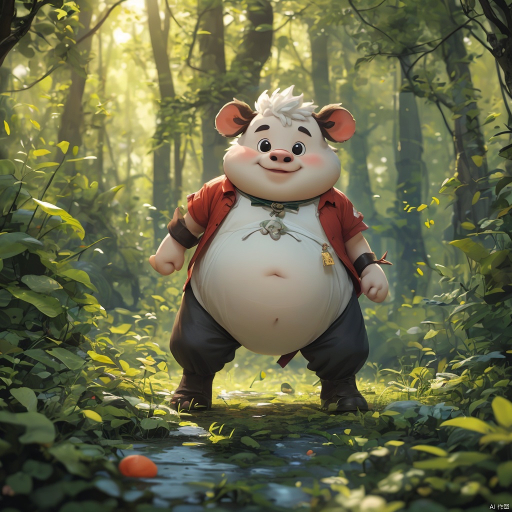  master piece, high quality, fat cute calf  , with a belly, in the forest, fat,cute, wu,with a belly