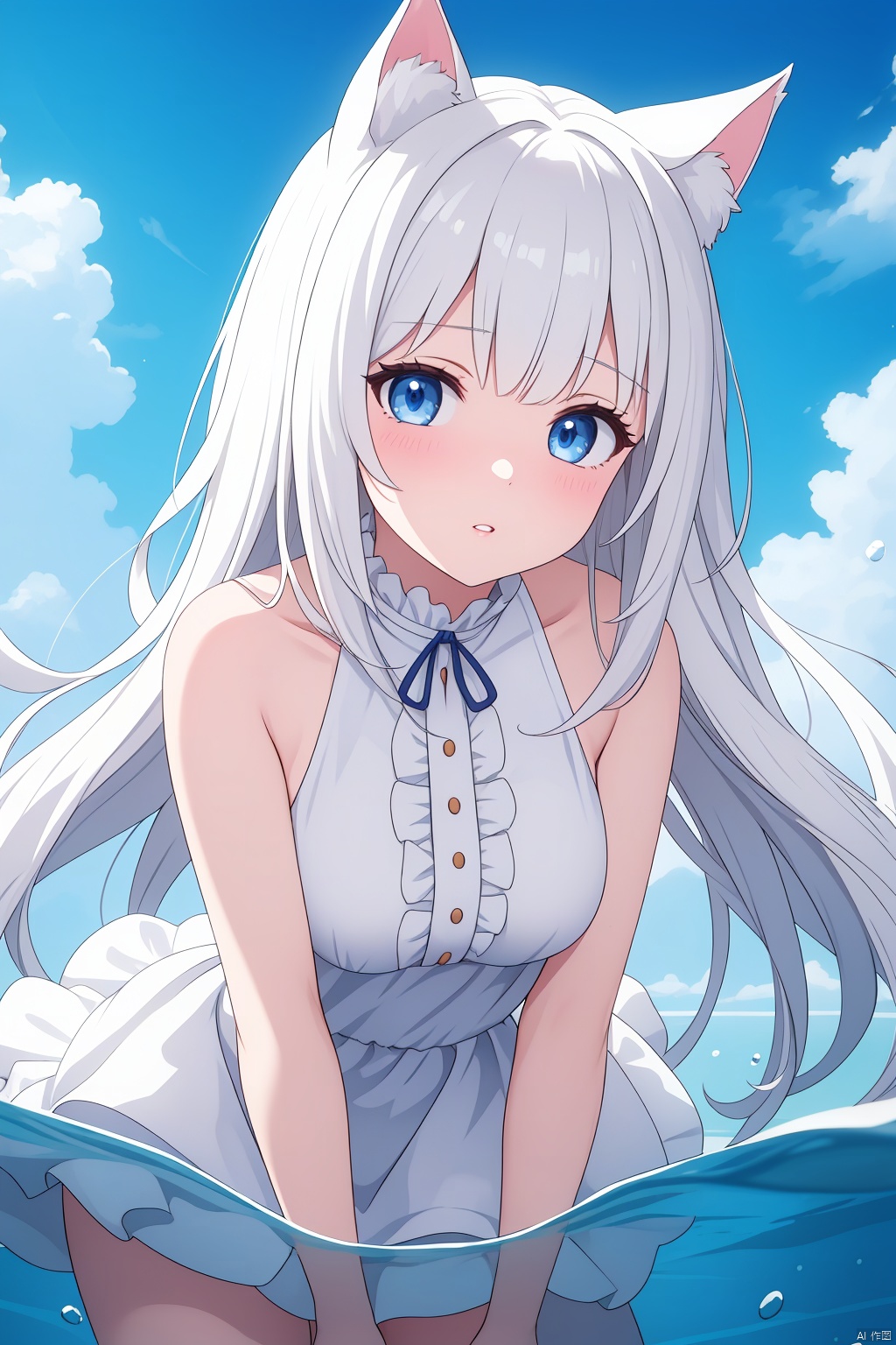  "(best quality),(ultra detailed),(clean face),(beautiful face),(smooth skin),(high quality),(fine texture),(unparalleled masterpiece),(surreal 8k)" ,1girl

solo

long hair

looking at viewer

blush

bangs

blue eyes

dress

animal ears

bare shoulders

very long hair

standing

white hair

outdoors

frills

parted lips

sky

sleeveless

day

cloud

cat ears

water

white dress

blue sky

animal ear fluff

bare arms

sleeveless dress

frilled dress

wading

partially submerged

partially underwater shot, Anime