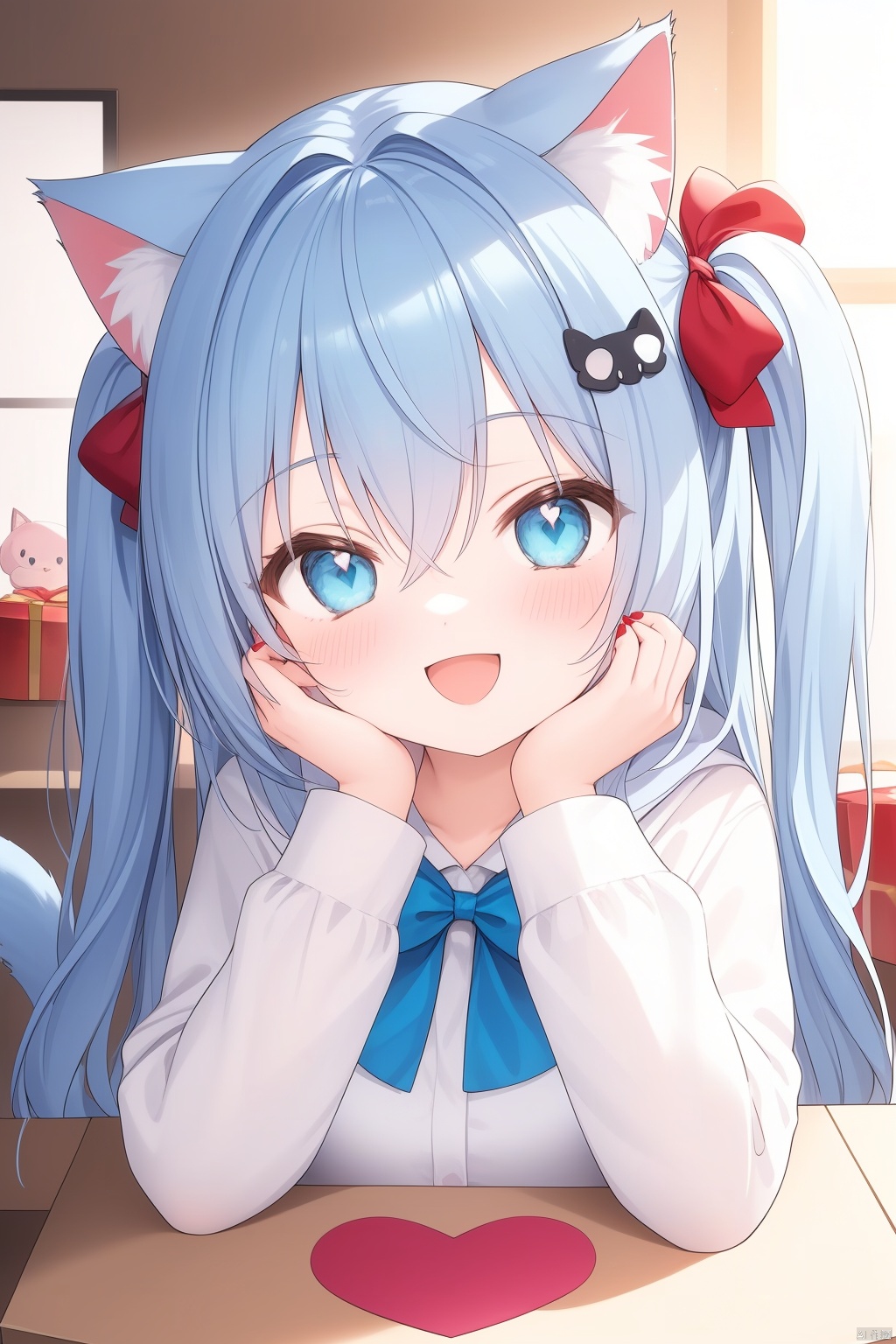 "(best quality),(ultra detailed),(clean face),(beautiful face),(smooth skin),(high quality),(fine texture),(unparalleled masterpiece),(surreal 8k)" ,1girl

solo

loli

long hair

looking at viewer

blush

smile

open mouth

bangs

blue eyes

shirt

hair ornament

long sleeves

bow

holding

animal ears

hair between eyes

sitting

very long hair

blue hair

tail

:d

heart

cat ears

hood

red bow

cat tail

sleeves past wrists

hands up

one side up

blue bow

stuffed toy

hood down

cat girl

animal print

box

gift

blue nails

gift box

tail ornament

holding gift

cardboard box

tail bow

heart-shaped box

in box
