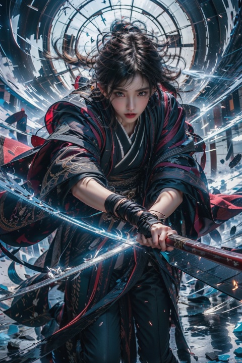  Female Focus,holding glowing katana（Iaido）
Red lips, bangs, earings, kimono,Chinese closures, floral print, tassel, robe dragon, glowing weight, flowing light, shooting stars,Neon lights, reflecting lights, epic lighting,smashing of airbrush drawing,
smashed particle drawing,plane particle drawing,