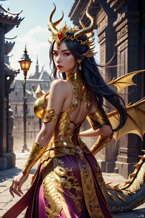  fantasy art, concept art of a (female dragon:1.3) image for cgart butterfly, female dragon with blue eyes, Humanoid, antlers, a dragon by her side,BREAK,dramatic lighting, from below, look back, Extraordinary details,GdClth,gold-hair princece, ((((gorgeous)))) royal dress, ((((gorgeous)))) gold tiara, ((((gorgeous)))) gold necklace, ((((gorgeous)))) gold accessories, light on body, Leica 50mm f/1.9