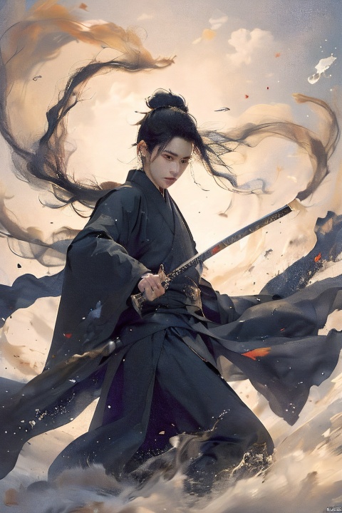  sdmai, wuxia, Chinese ink painting, artistic ink painting, Chinese martial arts films, wearing black robes, fighting posture, cinematic grandeur, splashing details, wild and powerful, 1girl, sword, solo, weapon, male focus, black hair, long hair, looking at viewer, katana, 1boy