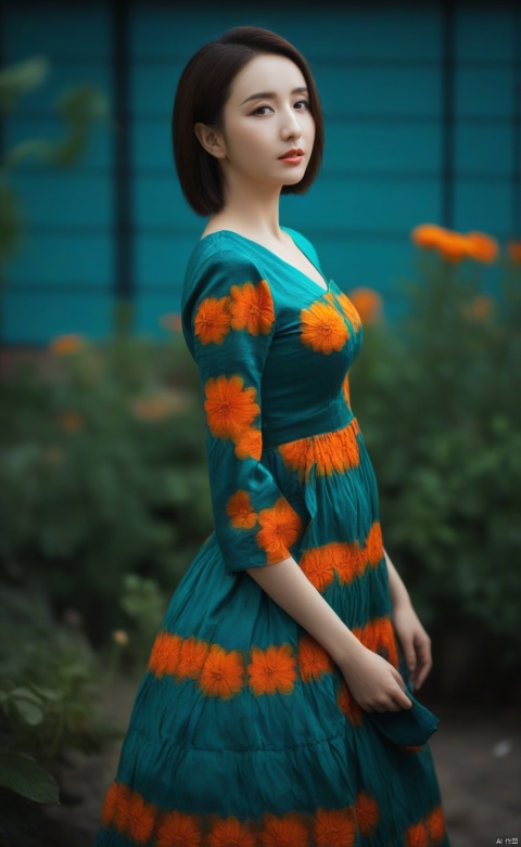  woman, flower dress, colorful, darl background,flower armor,green theme,exposure blend, medium shot, bokeh, (hdr:1.4), high contrast, (cinematic, teal and orange:0.85), (muted colors, dim colors, soothing tones:1.3), low saturation, yaya