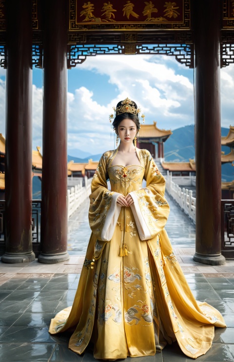  1girl,full body,cloudy_sky,scenery,architecture,horizon,pillar,solo,look at the audience,long_hair,Golden Embroidered Chinese Princess Dress,elegant and graceful beauty,
A solitary girl stands regally, her full form gracing the scenery, embodying an elegant and graceful beauty. Dressed in a stunning Golden Embroidered Chinese Princess Dress, her long hair cascades down like a dark waterfall, framing her visage as she gazes directly at the audience. Her presence merges seamlessly with the cloudy sky and horizon, where billowy clouds drift overhead like celestial architecture, casting soft shadows against the pillar-like structures below. This enchanting blend of natural and architectural elements serves to accentuate her poise and allure, as if she herself were a part of the larger, breathtaking landscape.
