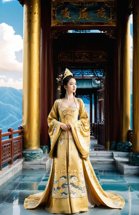  1girl,full body,cloudy_sky,scenery,architecture,horizon,pillar,solo,look at the audience,long_hair,Golden Embroidered Chinese Princess Dress,elegant and graceful beauty,
A solitary girl stands regally, her full form gracing the scenery, embodying an elegant and graceful beauty. Dressed in a stunning Golden Embroidered Chinese Princess Dress, her long hair cascades down like a dark waterfall, framing her visage as she gazes directly at the audience. Her presence merges seamlessly with the cloudy sky and horizon, where billowy clouds drift overhead like celestial architecture, casting soft shadows against the pillar-like structures below. This enchanting blend of natural and architectural elements serves to accentuate her poise and allure, as if she herself were a part of the larger, breathtaking landscape.