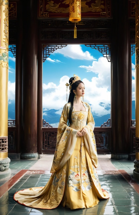  1girl,full body,cloudy_sky,scenery,architecture,horizon,pillar,solo,look at the audience,long_hair,Golden Embroidered Chinese Princess Dress,elegant and graceful beauty,
A solitary girl stands regally, her full form gracing the scenery, embodying an elegant and graceful beauty. Dressed in a stunning Golden Embroidered Chinese Princess Dress, her long hair cascades down like a dark waterfall, framing her visage as she gazes directly at the audience. Her presence merges seamlessly with the cloudy sky and horizon, where billowy clouds drift overhead like celestial architecture, casting soft shadows against the pillar-like structures below. This enchanting blend of natural and architectural elements serves to accentuate her poise and allure, as if she herself were a part of the larger, breathtaking landscape.
