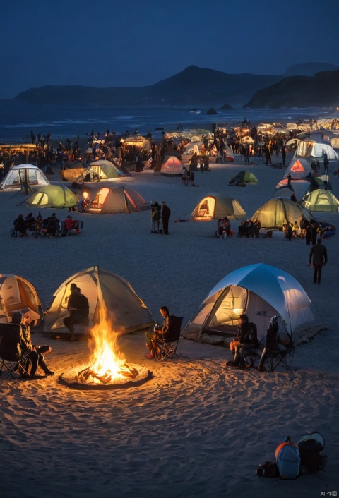  A bustling camping event at night on the seaside beach, with futuristic tents arranged neatly on the sand. The bonfire is burning, illuminating the surroundings and adding a warm atmosphere to the outdoor equipment exhibition. People sit around the bonfire, admiring various outdoor equipment displayed on the runway. High-definition image, high-quality picture, full of future sense and technology, lively atmosphere, night scene, beach, T-stage, outdoor equipment exhibition, bonfire, trending on ArtStation, trending on CGSociety, intricate, high detail, sharp focus, dramatic, photorealistic painting art by midjourney and greg rutkowski., 1girl