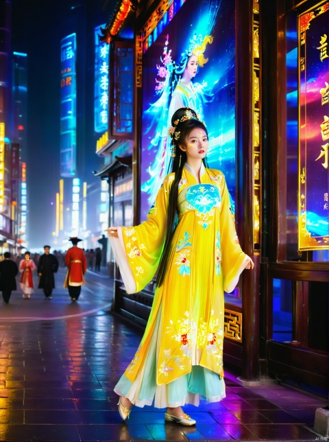  1girl, solo, long hair, neon lights, full body, night, cit
A young girl dressed in traditional Hanfu attire finds herself standing on a street lined with neon lights, her figure seemingly illuminated from within against the technicolor glow. Behind her looms a massive holographic display screen, casting a futuristic contrast against her ancient garb. The fusion of old and new, East and West, creates an enchanting visual spectacle where tradition meets modernity. Her elegant silhouette, adorned with intricate patterns and flowing fabric, holds a captivating presence amidst the pulsating energy of the city nightlife.