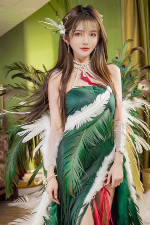  1girl,a gorgeous long dress made of feathers,green feather,huge feathers,complex background,beautiful background,(feathers everywhere:1.3),depth of field level,wangyushan,kind smile,looking_at_viewer,Dynamic pose
