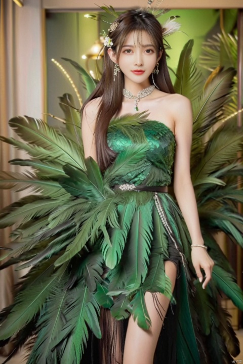  1girl,a gorgeous long dress made of feathers,green feather,huge feathers,complex background,beautiful background,(feathers everywhere:1.3),depth of field level,wangyushan,kind smile,looking_at_viewer,Dynamic pose