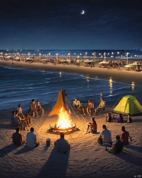  A bustling camping event at night on the seaside beach, with futuristic tents arranged neatly on the sand. The bonfire is burning, illuminating the surroundings and adding a warm atmosphere to the outdoor equipment exhibition. People sit around the bonfire, admiring various outdoor equipment displayed on the runway. High-definition image, high-quality picture, full of future sense and technology, lively atmosphere, night scene, beach, T-stage, outdoor equipment exhibition, bonfire, trending on ArtStation, trending on CGSociety, intricate, high detail, sharp focus, dramatic, photorealistic painting art by midjourney and greg rutkowski., 1girl