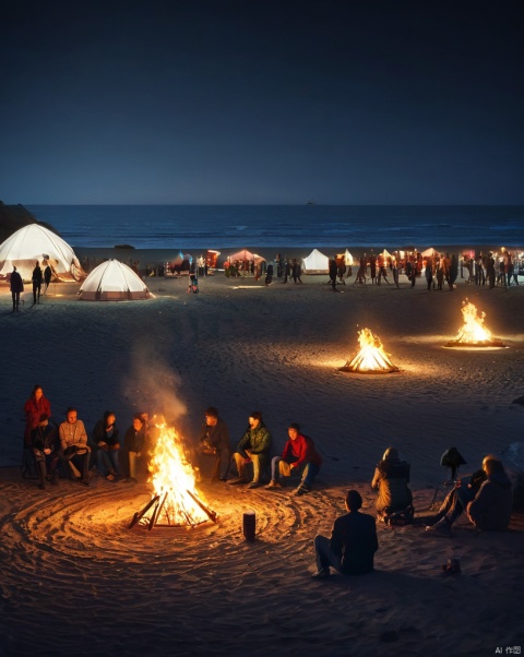  A bustling camping event at night on the seaside beach, with futuristic tents arranged neatly on the sand. The bonfire is burning, illuminating the surroundings and adding a warm atmosphere to the outdoor equipment exhibition. People sit around the bonfire, admiring various outdoor equipment displayed on the runway. High-definition image, high-quality picture, full of future sense and technology, lively atmosphere, night scene, beach, T-stage, outdoor equipment exhibition, bonfire, trending on ArtStation, trending on CGSociety, intricate, high detail, sharp focus, dramatic, photorealistic painting art by midjourney and greg rutkowski., 1girl