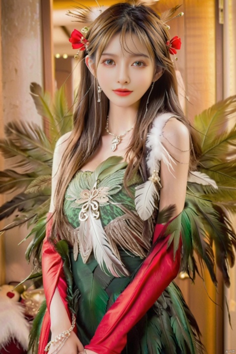  1girl,a gorgeous long dress made of feathers,green feather,huge feathers,complex background,beautiful background,(feathers everywhere:1.3),depth of field level,wangyushan,kind smile,looking_at_viewer,Dynamic pose