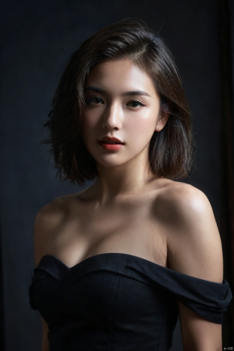 masterpiece, ultra high res, raw photo, 1girl, offshoulder, in the dark, deep shadow, low key, cold light, sexy look, short hair, xxmixgirl, yinglight, Half body photo, Long hair, Exquisite features, (photorealistic:1.5), Best quality, MAJICMIX STYLE