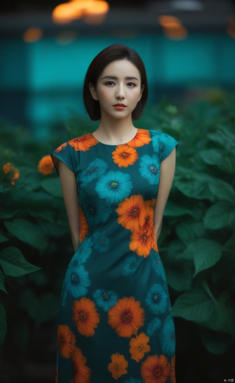  woman, flower dress, colorful, darl background,flower armor,green theme,exposure blend, medium shot, bokeh, (hdr:1.4), high contrast, (cinematic, teal and orange:0.85), (muted colors, dim colors, soothing tones:1.3), low saturation, yaya