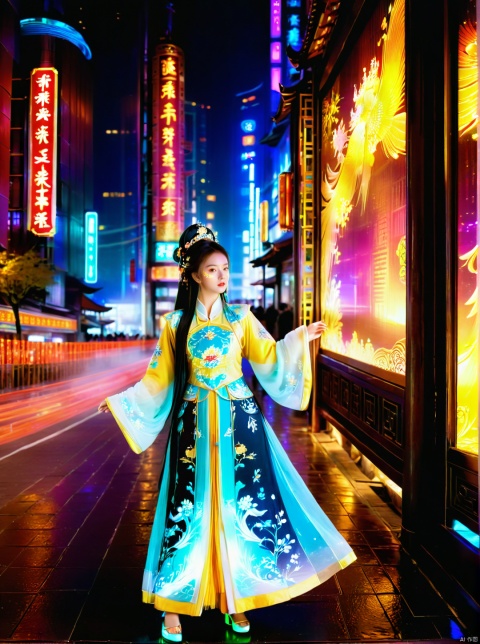  1girl, solo, long hair, neon lights, full body, night, cit
A young girl dressed in traditional Hanfu attire finds herself standing on a street lined with neon lights, her figure seemingly illuminated from within against the technicolor glow. Behind her looms a massive holographic display screen, casting a futuristic contrast against her ancient garb. The fusion of old and new, East and West, creates an enchanting visual spectacle where tradition meets modernity. Her elegant silhouette, adorned with intricate patterns and flowing fabric, holds a captivating presence amidst the pulsating energy of the city nightlife.