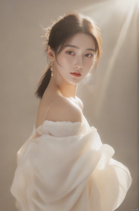  dior style,1woman is standing in the simple background,Off shoulder shirt,upper_body,looking_at_viewer,The sunlight shines in during the day,