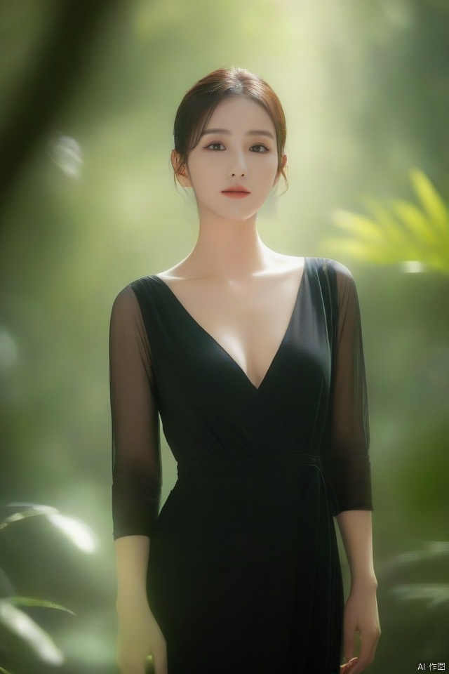  masterpiece, best quality, ultra high res, a slender, busty and alluring woman in a sleek black one-piece dress standing amidst lush nature, her curves accentuated by the fabric's flow; set against a verdant forest backdrop with natural sunlight filtering through leaves, evoking a sense of serenity and allure; expertly framed using a shallow depth of field to emphasize her presence while blending harmoniously with the organic environment.