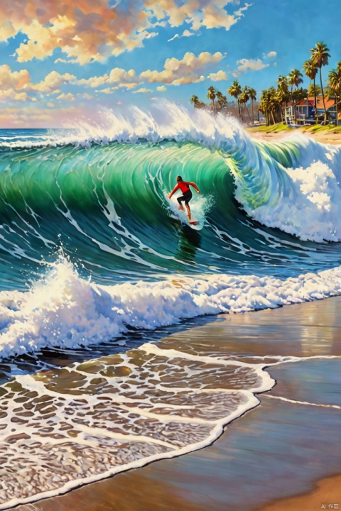  Colorful beach scene with crashing waves, surfers riding the waves, resonance and breaking waves, vibrant colors, high quality image, sharp focus, photorealistic painting by midjourney and greg rutkowski., Water,