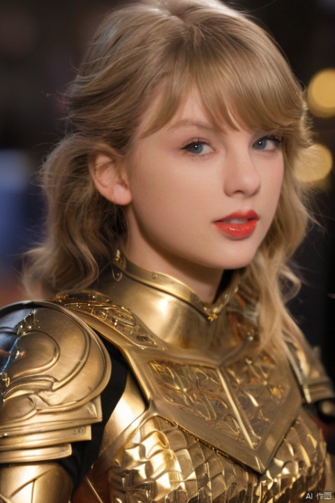  8k, best quality, real picture, intricate details, ultra-detailed, ultra highres, depth field,(photorealistic,realistic:1.2), masterpiece,photo of 1girl,knightgirl, detail face, golden Armor, Taylor Swift
