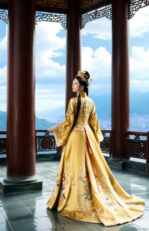  1girl,full body,cloudy_sky,scenery,architecture,horizon,pillar,solo,look at the audience,long_hair,Golden Embroidered Chinese Princess Dress,elegant and graceful beauty,
A solitary girl stands regally, her full form gracing the scenery, embodying an elegant and graceful beauty. Dressed in a stunning Golden Embroidered Chinese Princess Dress, her long hair cascades down like a dark waterfall, framing her visage as she gazes directly at the audience. Her presence merges seamlessly with the cloudy sky and horizon, where billowy clouds drift overhead like celestial architecture, casting soft shadows against the pillar-like structures below. This enchanting blend of natural and architectural elements serves to accentuate her poise and allure, as if she herself were a part of the larger, breathtaking landscape.