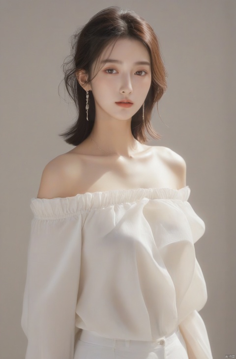  dior style,1woman is standing in the simple background,Off shoulder shirt,upper_body,looking_at_viewer,The sunlight shines in during the day,