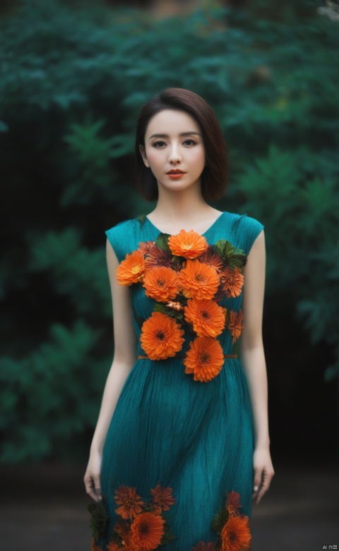  woman, flower dress, colorful, darl background,flower armor,green theme,exposure blend, medium shot, bokeh, (hdr:1.4), high contrast, (cinematic, teal and orange:0.85), (muted colors, dim colors, soothing tones:1.3), low saturation, yaya