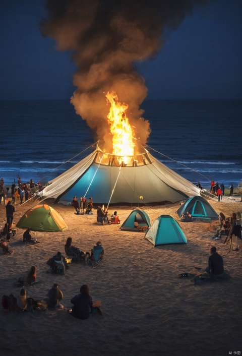  A bustling camping event at night on the seaside beach, with futuristic tents arranged neatly on the sand. The bonfire is burning, illuminating the surroundings and adding a warm atmosphere to the outdoor equipment exhibition. People sit around the bonfire, admiring various outdoor equipment displayed on the runway. High-definition image, high-quality picture, full of future sense and technology, lively atmosphere, night scene, beach, T-stage, outdoor equipment exhibition, bonfire, trending on ArtStation, trending on CGSociety, intricate, high detail, sharp focus, dramatic, photorealistic painting art by midjourney and greg rutkowski., 1girl