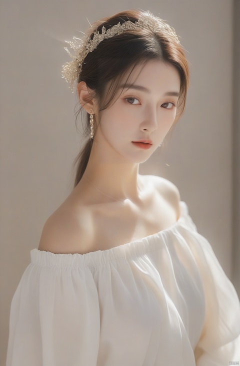  dior style,1woman is standing in the simple background,Off shoulder shirt,upper_body,looking_at_viewer,The sunlight shines in during the day,